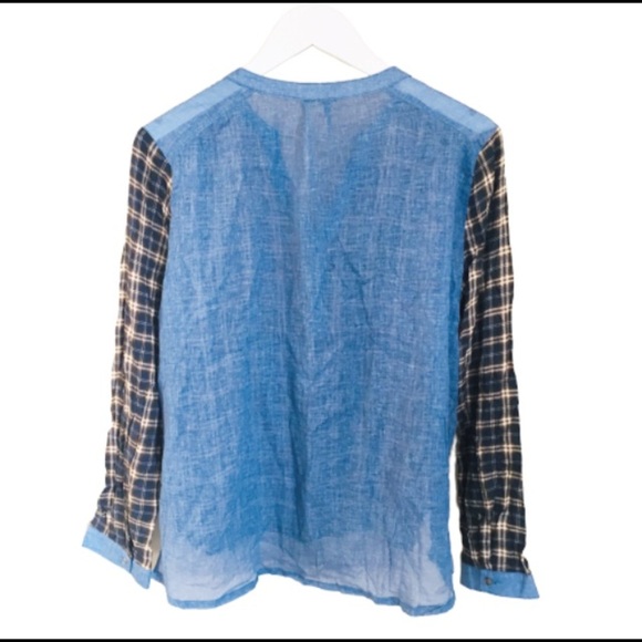 EN CREME (Anthropologie) Mixed Media Denim/Plaid Top/Shirt Jean Blue Size Large - Picture 5 of 8